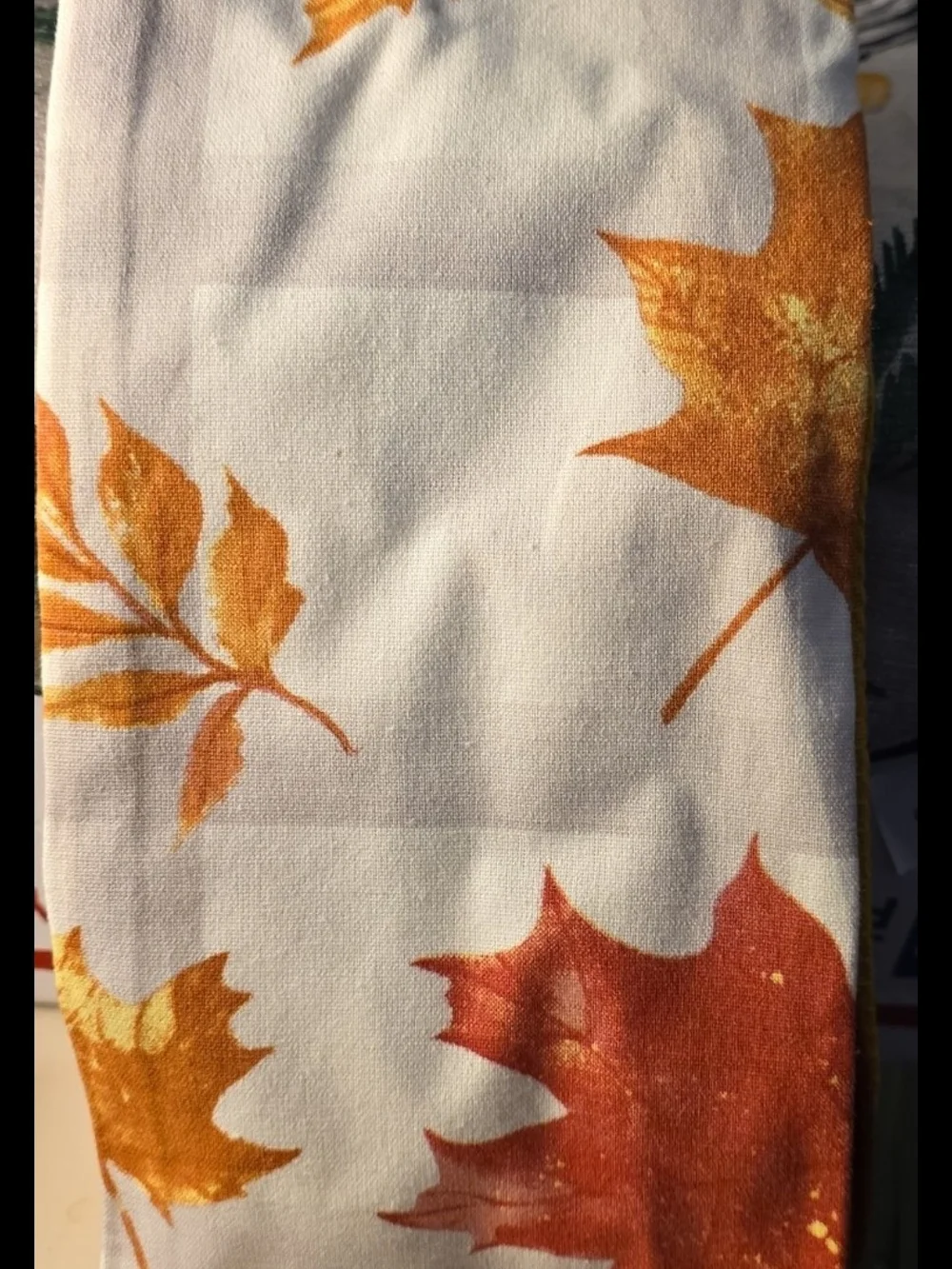 Autumn Leaf Print Fabric Kitchen Towels - White with Orange & Rust Leaves. Set 5
